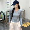 Elegant Korean Half-Open Collar Long-Sleeve Women's T-Shirt with Chic Embroidery Design for Autumn 2025