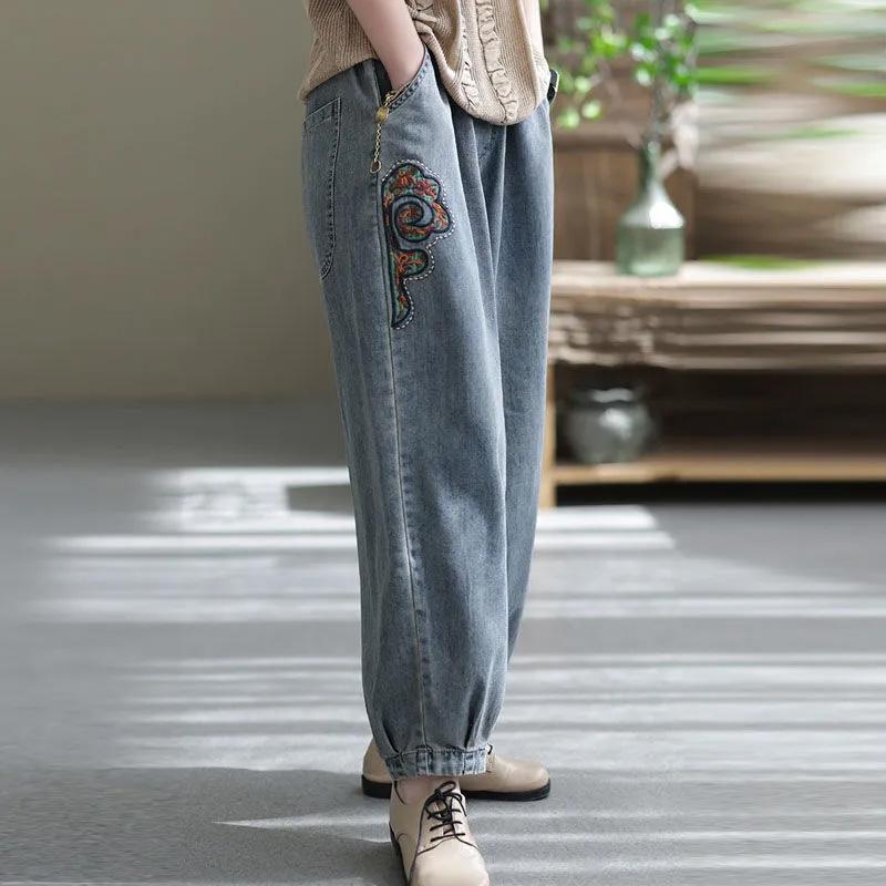 Jeans Women Cotton Embroidery Nine High Waist Wide Leg Pants Casual Vintage Loose Trousers