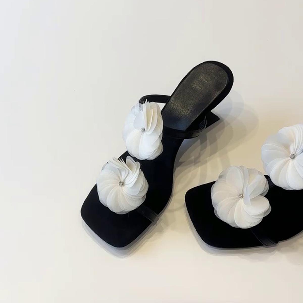 

Luo Fansen~ Niche Design French Wedge Heel Flower Square Temperament Head Open-toed Slippers Women s Summer High Heel Sandals 34 чёрный