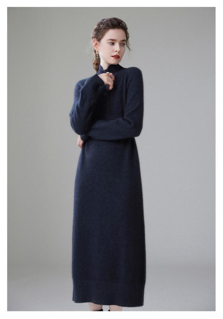 Women's High-Neck Cashmere Knit Dress - Button-Up, Knee-Length, Thick for Autumn/Winter