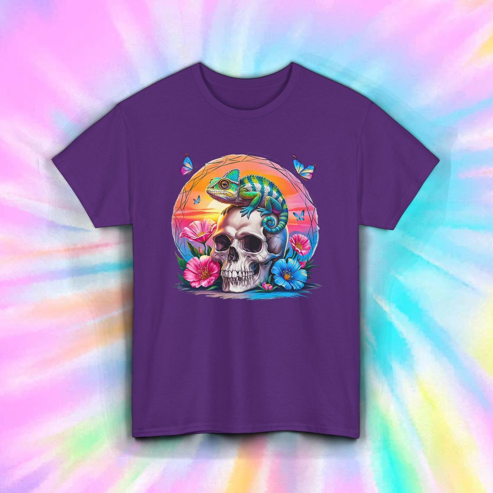 Chameleon Skull Shirt Colorful Flowers Butterfly Lizard Art Gift Tee S-5XL S разноцветный