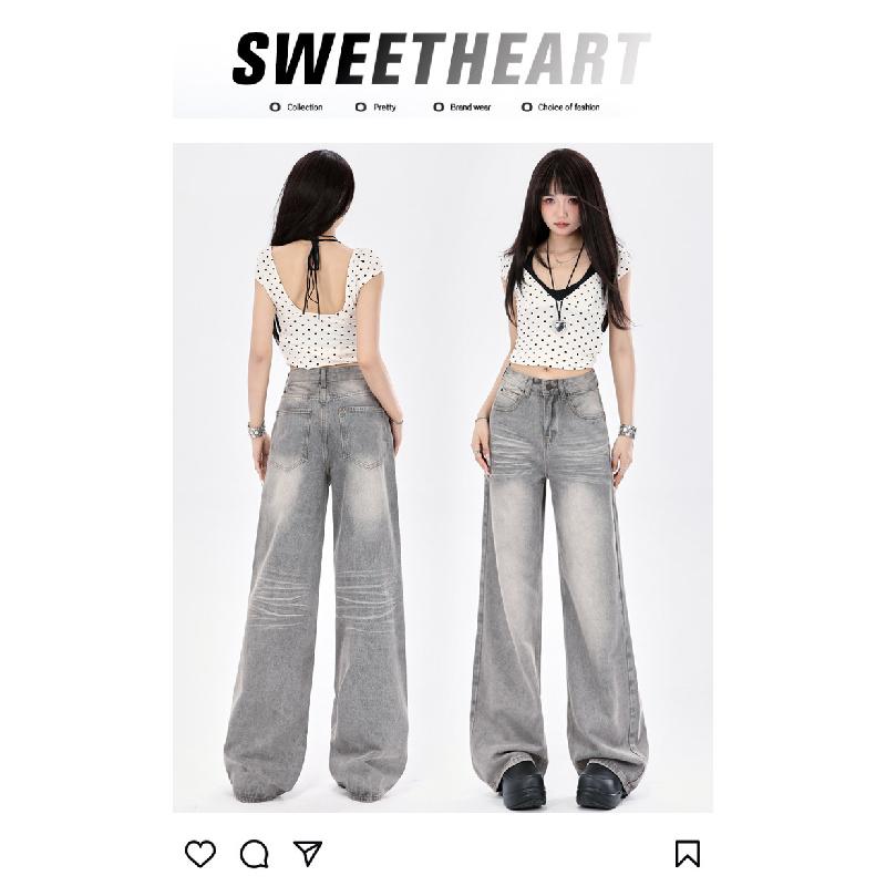 American Retro Style Smoky Gray High-end Wide-leg Jeans for Women, 2026 New Model, Drapey, Loose, Straight-leg, Floor-length Pants