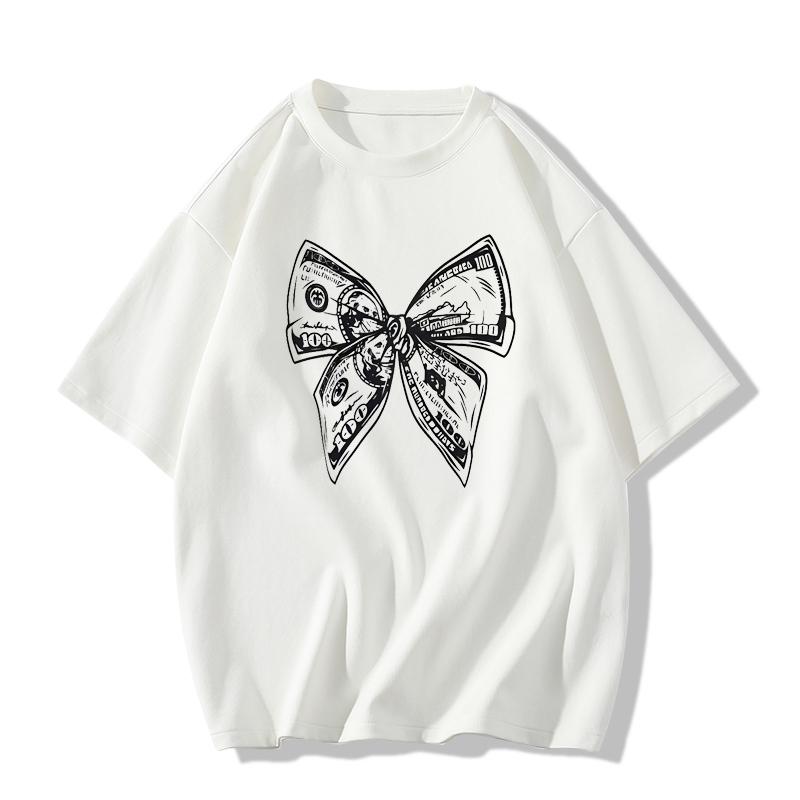 European Style Chic Bow Print Short Sleeve Slimming T-shirt for Women - Summer Trendy Spicy Girl Look, 200g, Petite Fit