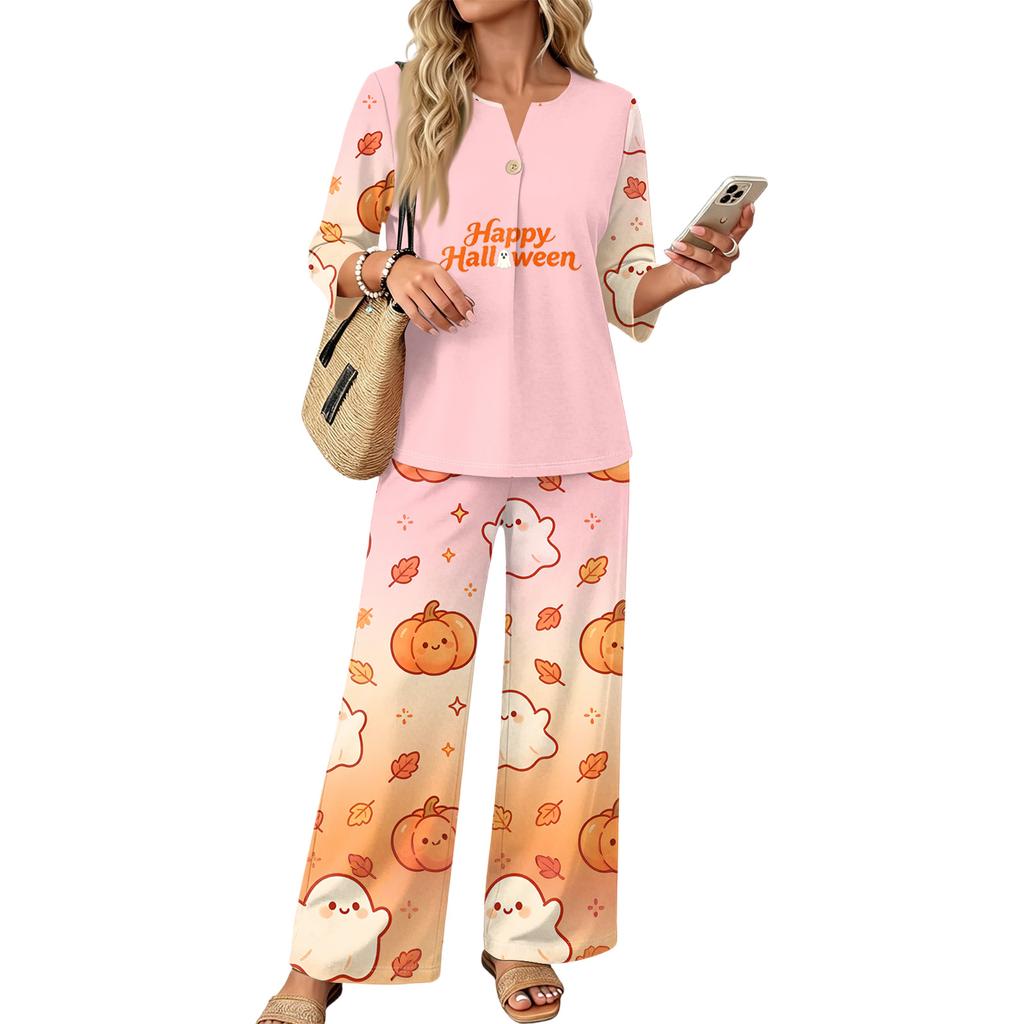 Women's Halloween Print 3/4 Sleeve Button Top and Wide Leg Pants Two-Piece Set for Casual Fall Outfits