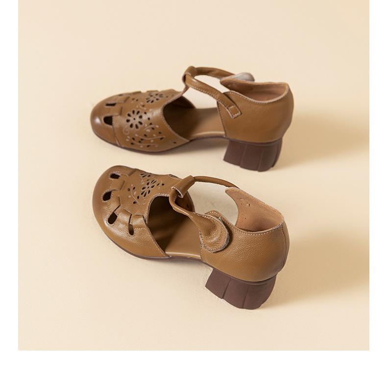 2026 Summer Women's Chunky Heel Leather Sandals - Soft Sole, Retro Hollow-Out Design