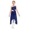 Girls Lyrical Dance Dress - Shiny Rhinestones One Shoulder Sleeveless Cutout with High-Low Flowy Mesh Skirt