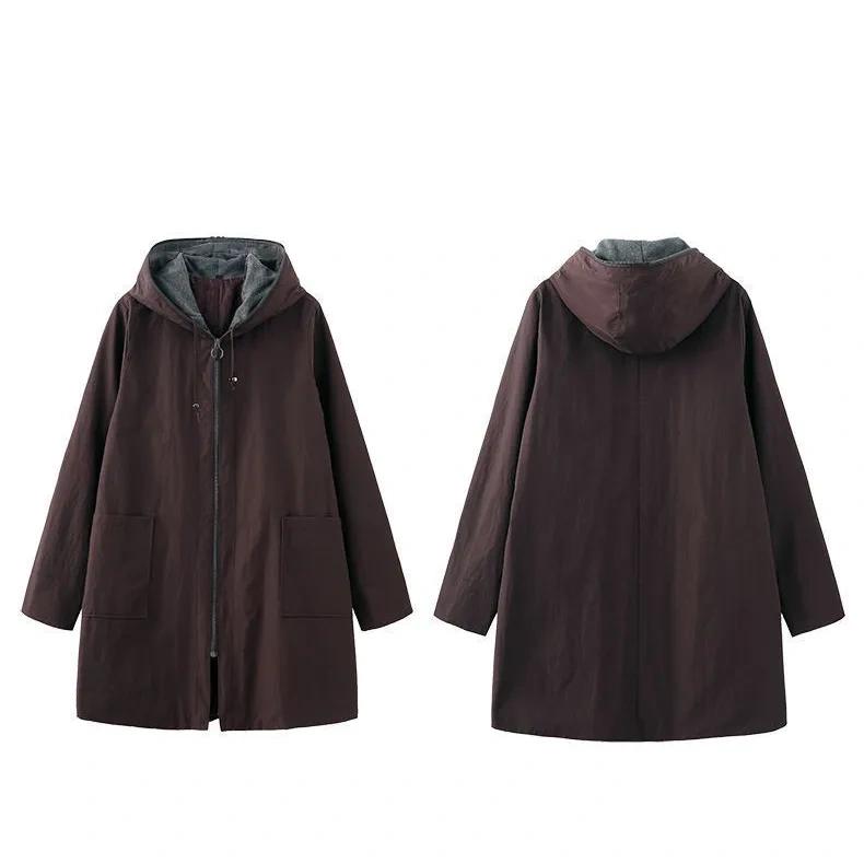 Autunno e Inverno Fodera a Doppio Strato Trench di Media Lunghezza con Cappuccio da Donna Sono Sottili, Semplici, Casual e Ampi