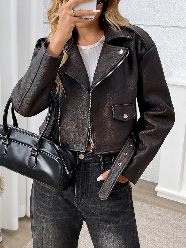 Women Fashion Short Faux Leather Jacket Lady Moto Biker PU Leather Coat Female Retro Lapel Outwear with Belt