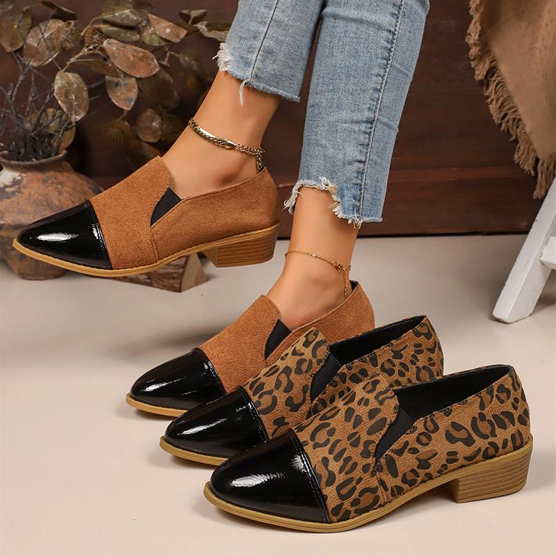Leopard Printed Women's Low Heel Pumps Fashion Patent Leather Patchwork Dress Shoes for Women Comfy Pointed Toe Slip On Loafers