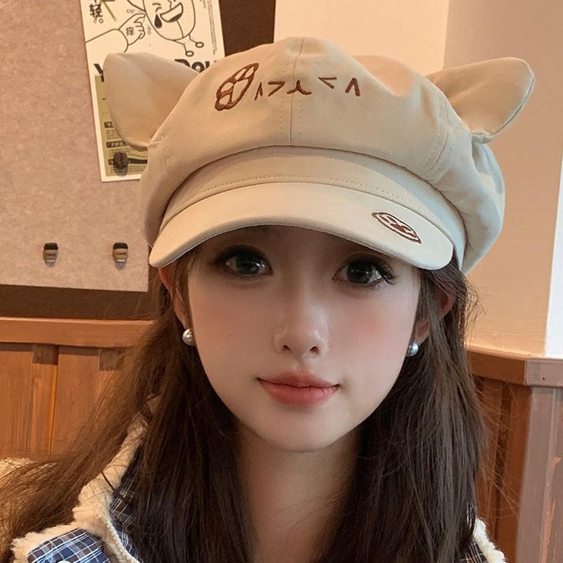 Korean Retro Cat Ear Octagonal Beret For Women Autumn And Winter Brushed And Warm
