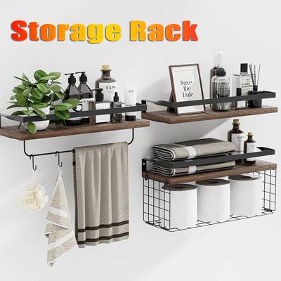 3PCS Floating Shelves Wooden Wall Mounted with Storage Basket Protective Guards for Bathroom Bedroom Wall Decor Living Roo