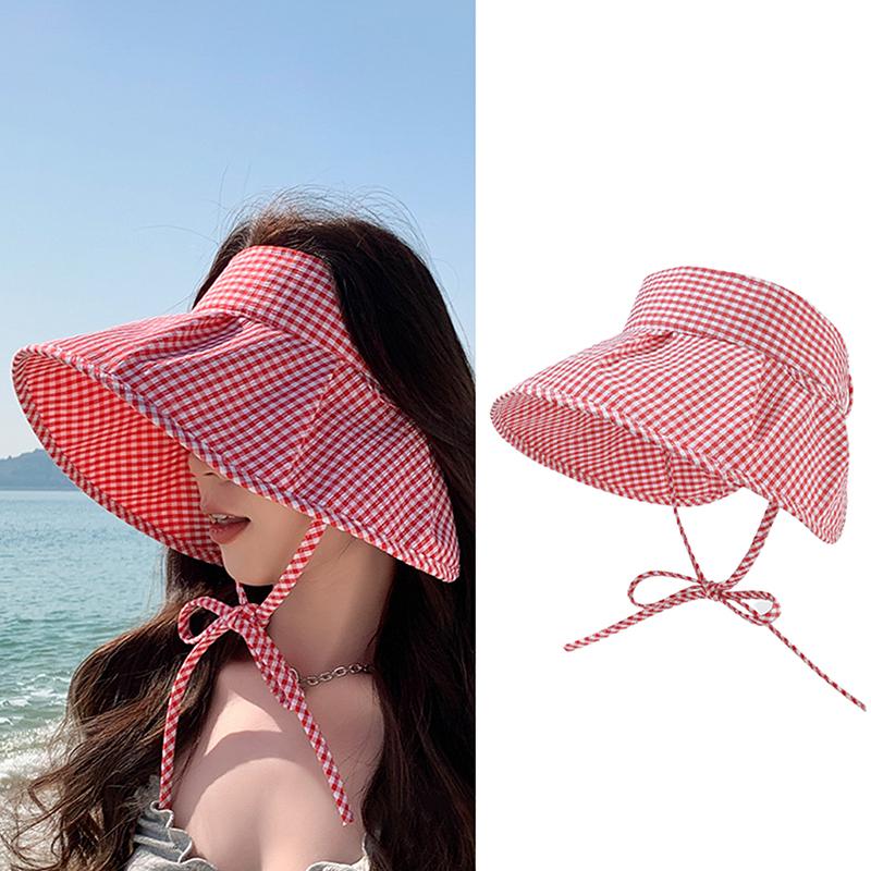 Summer Checkered Sun Hat Foldable Wide Brim Empty Top Beach Hat Breathable Uv Protection Women Sun Shade Visors