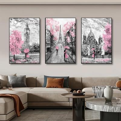 Street Views-Poster, Liebhaber mit Regenschirm, Leinwanddrucke, rosa Bäume, Turmgemälde, Wandkunst für Wohnzimmer, moderne Heimdekoration