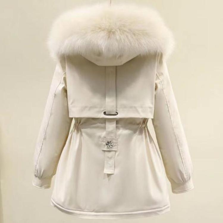 Winter Women Coat Furry Hood Thickened Plush Mid Length Jacket Long Sleeves Elastic Waist Windproof Pockets Zipper Closure
