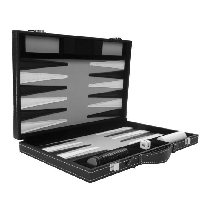 Backgammon 15"; 38 cm, dans Une Valise, Feutre et Simili Cuir surpiqués (Noir/Blanc/Gris)