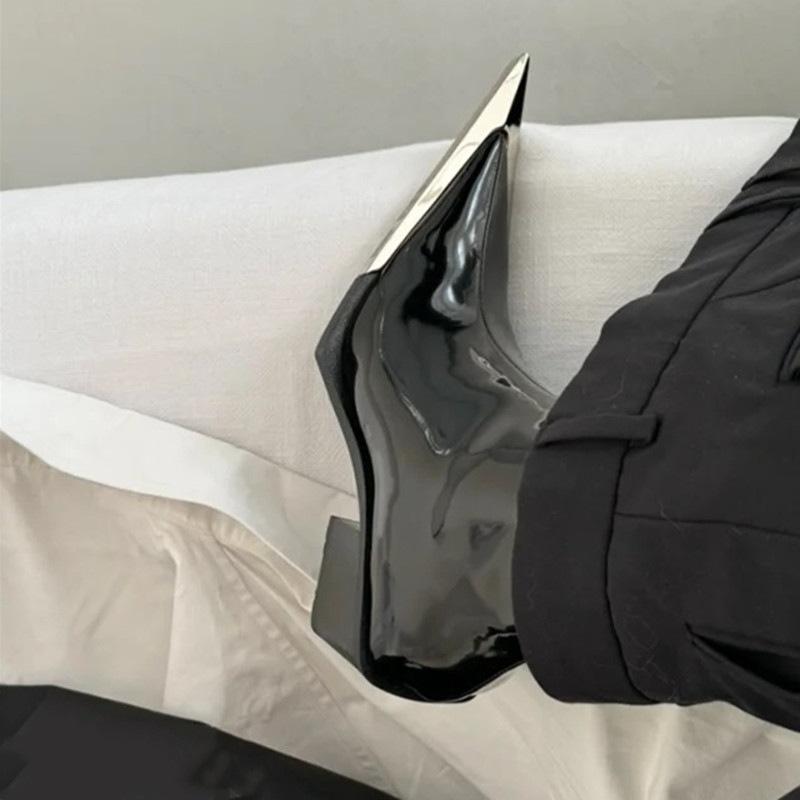 Fashion Spring Autumn New British Style Thick High Heels Pointed Toe Metal Decoration Patent Leather Women Ankle Short Chelsea Boots