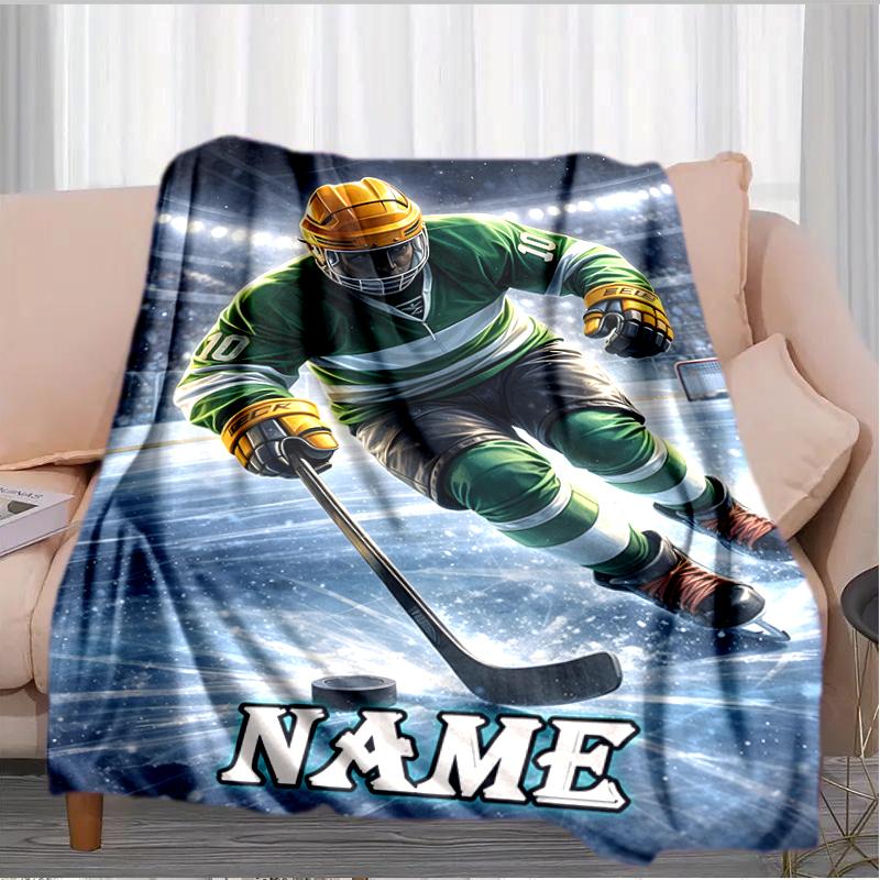 1PC Custom Name Hockey Player Action outdooor Flannel blankets Throw Blanket All-Season Throw Gift Bedspread for Couch, Bed, Camping Holiday Birthday 