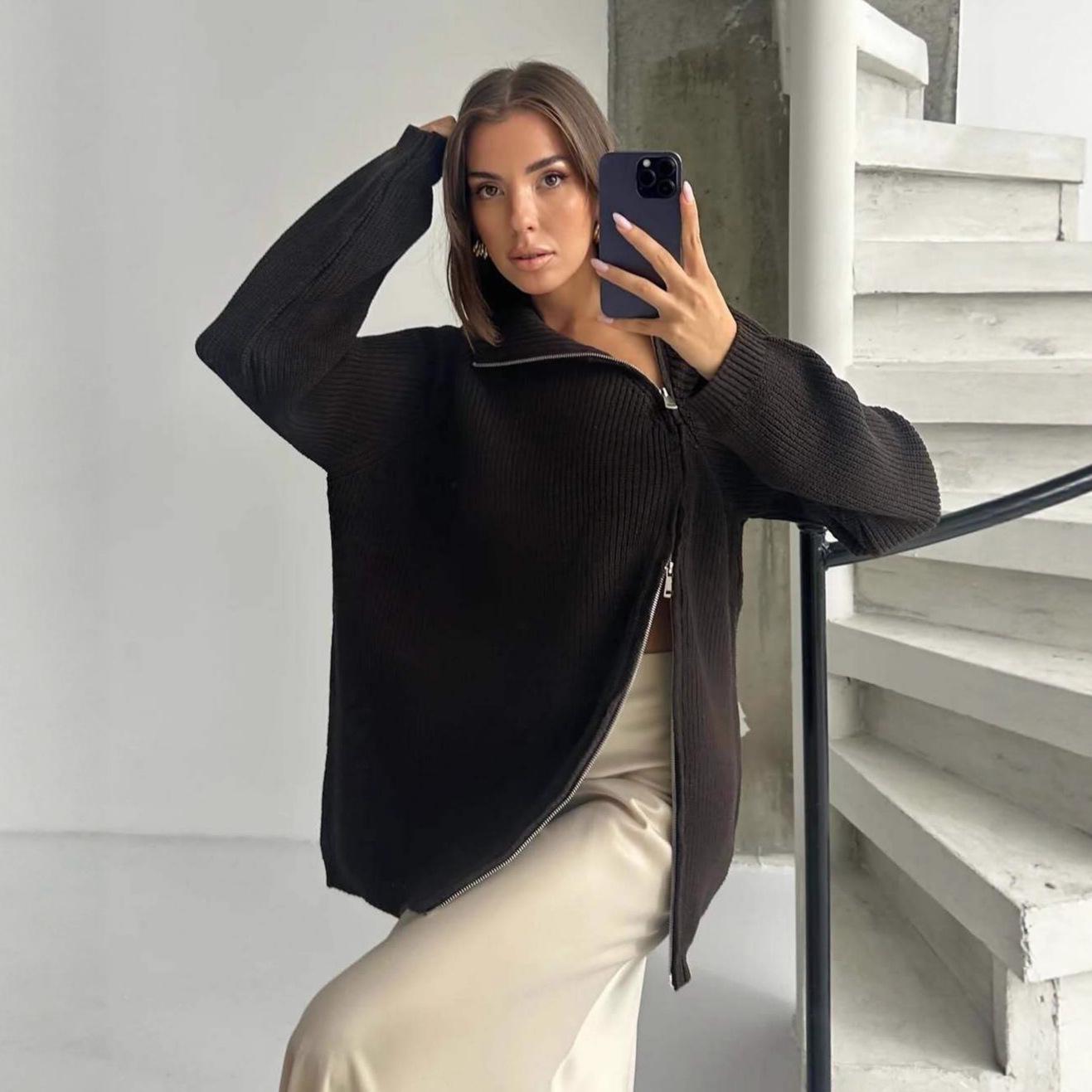2025 Autumn Women s Double Zipper Loose Knit Slimming Long Sweater Dress Extra Small чёрный