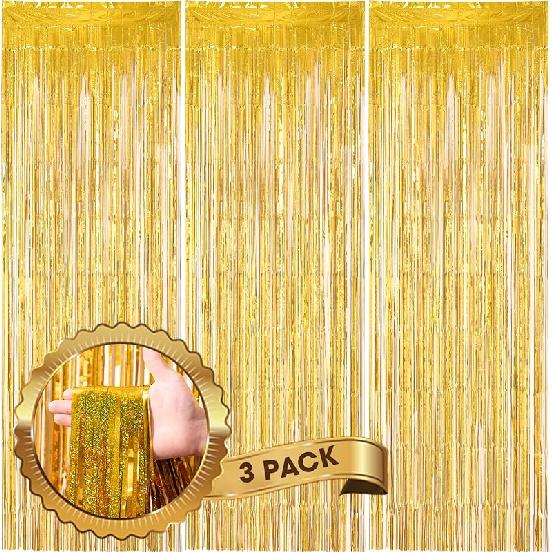 3 Pack 3.3x8.2 Feet Gold Foil Fringe Backdrop Curtains, Tinsel Streamers, Fringe Backdrop for 2025 New Years Eve, Graduation, Birthday, Baby Shower,