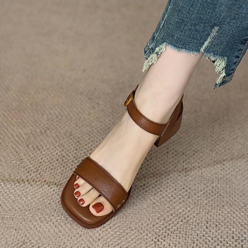 Fashion Women's Summer Retro Square-toed Thick-heeled Roman Sandals Casual and Comfortable Soft-soled Beach Sandals Sandalias De Mujer