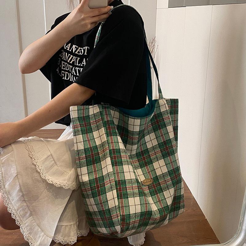 

ins Academy Style Shoulder Bag Literary Plaid Handheld Big Bag Student Class Commuter Bag Large Capacity Tote Bag 48*15*37