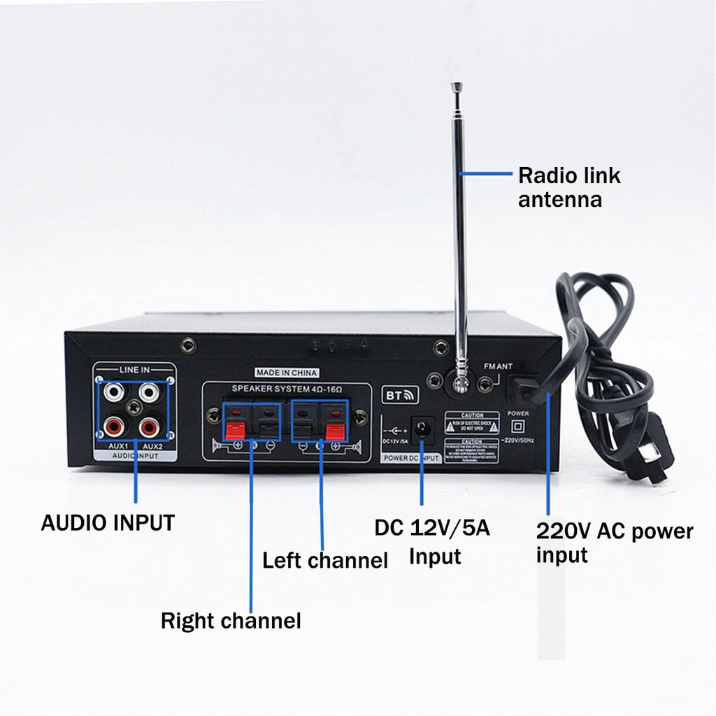 2.0 Channel 220V 800W Black Bluetooth Amplifier with Remote Control Stereo Surround Amplifier