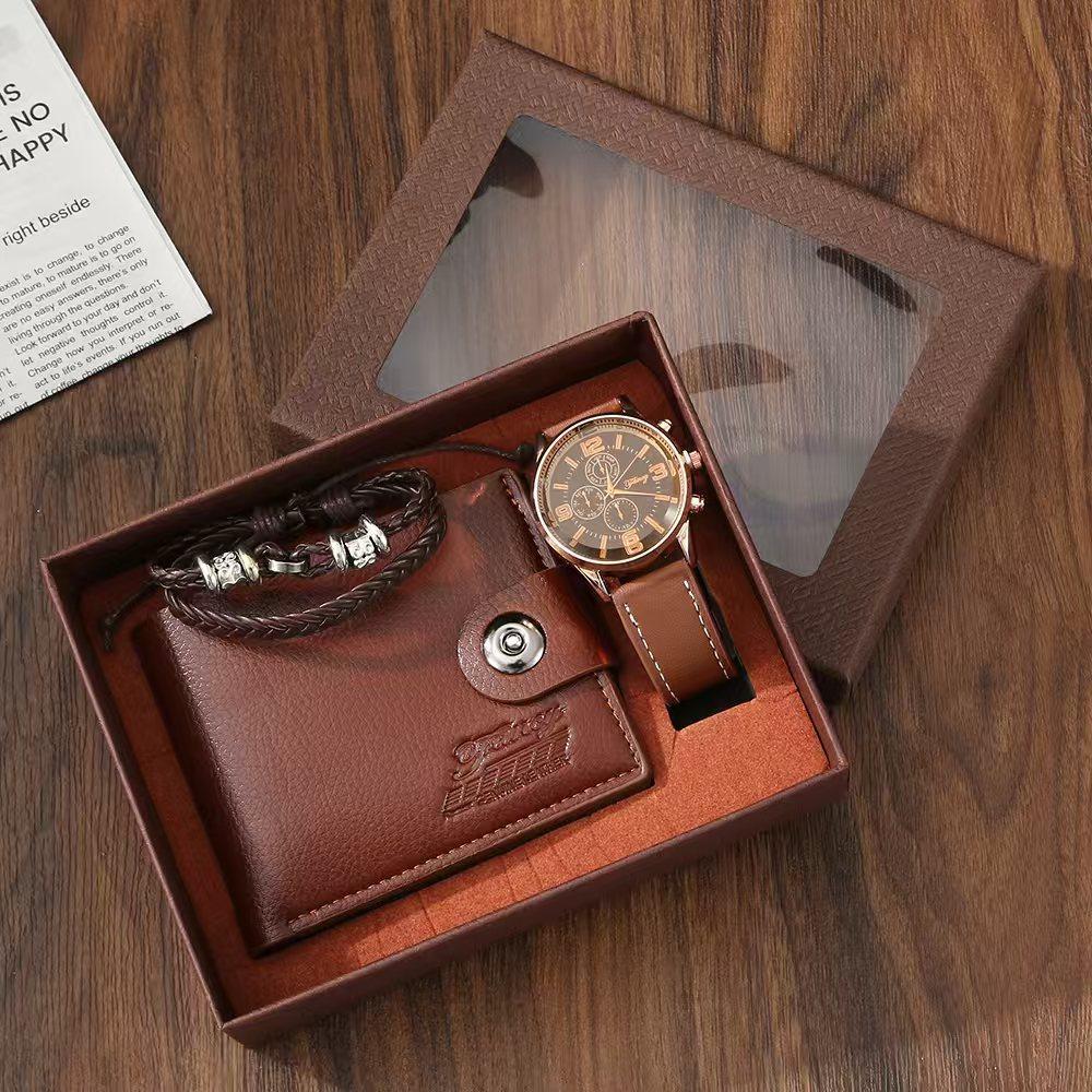 Premium Men's Souvenir Gift Set Custom Logo Leather Wallet Belt Watch Sunglasses 4-Piece Valentine Birthday Luxury Box