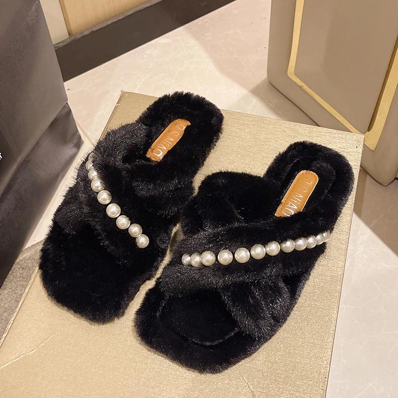 Мода 2024 женские тапочки из флока роскошные шлепанцы меховые шлепанцы на платформе новые — фото 9