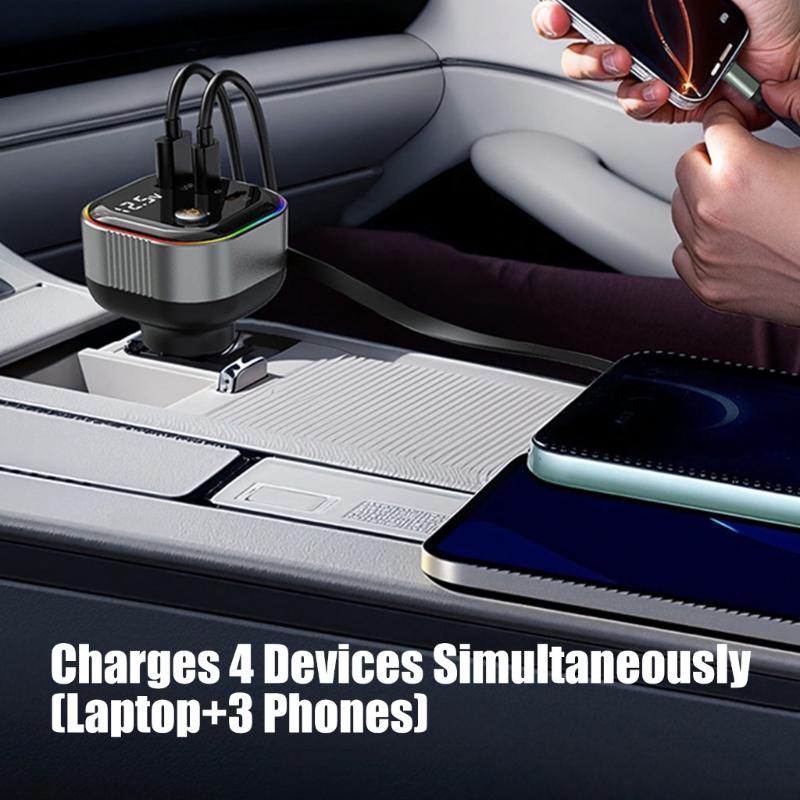 High Power Car Charger PD65W Retractable USB C Cable with 18W USB A /Type C Port Voltages Display Intelligent Protections