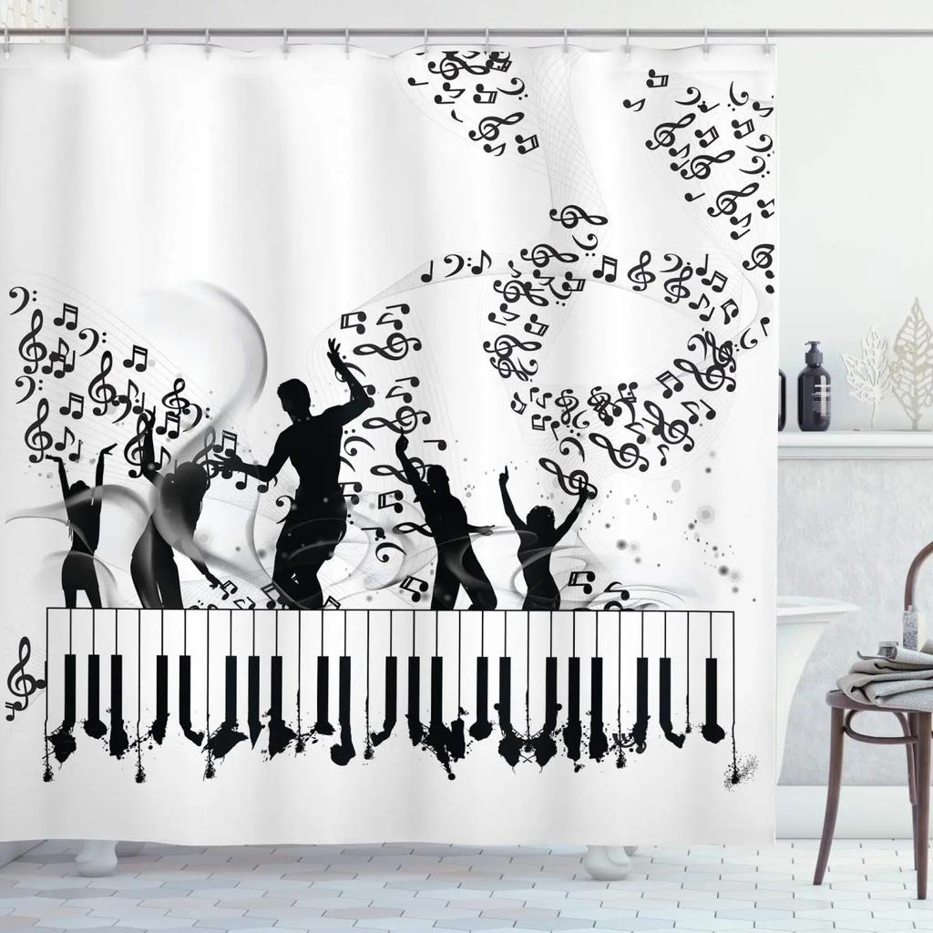 Music Shower Curtain,Black And White Music Notes Bathroom Shower Curtains Polyester Fabric Fashion Gray Bathroom Set With Hooks