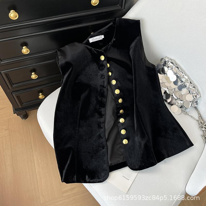 Xiaoxiangfeng Black Velvet with Fashionable Outer Wear Stacked Sleeveless Suit Small Vest Women's 2025 Vest