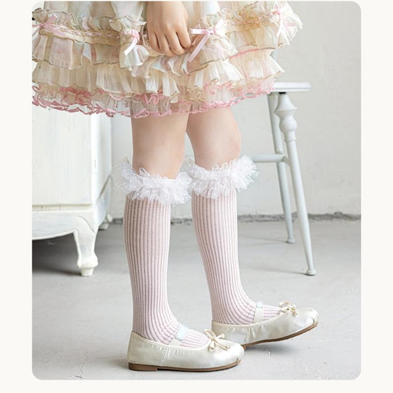 Sweet Style Mesh Dress Socks with Decorative Edge Accent for Toddler Girls Formal Event Under Knee Length Stockings