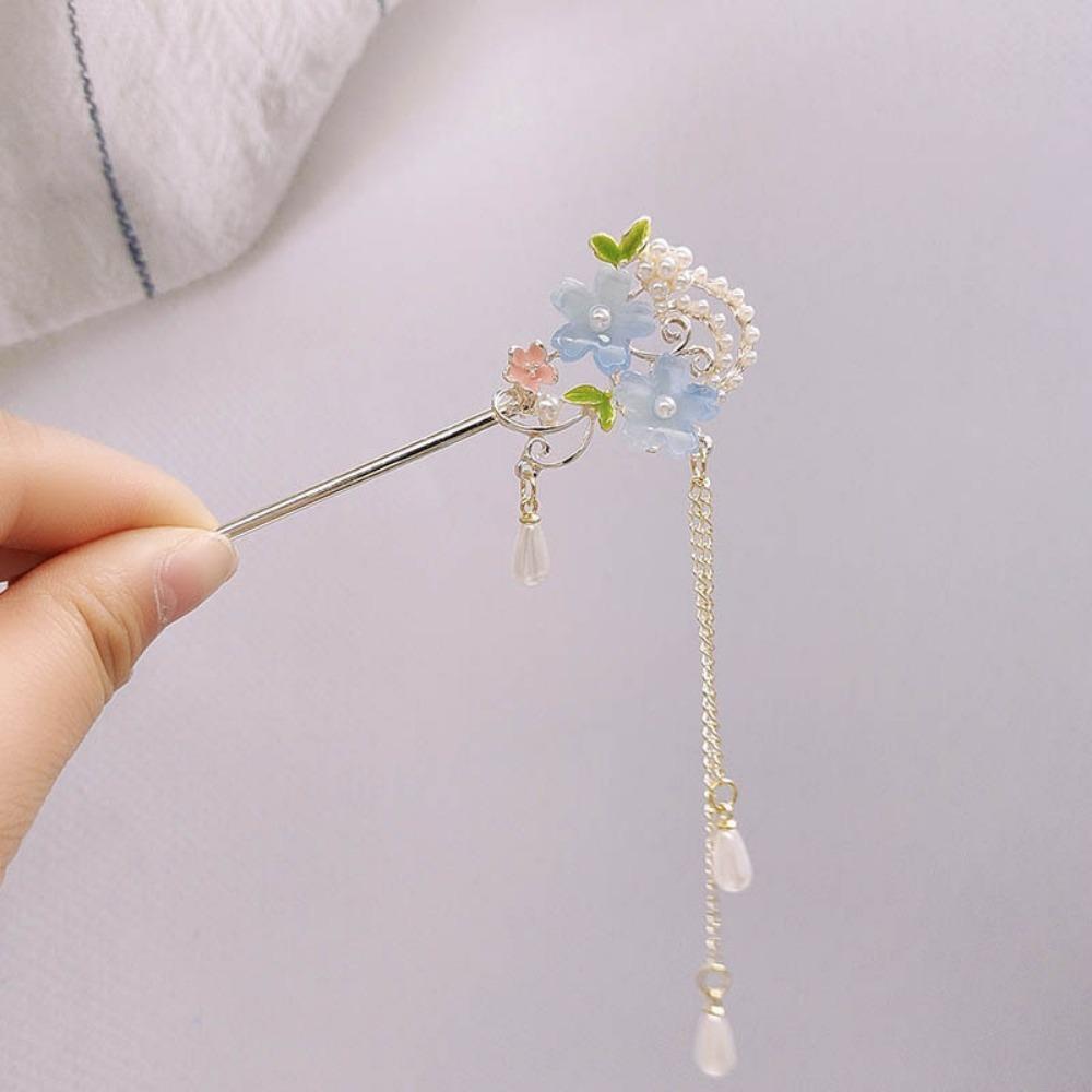 1 Piece Chinese - Style Hair Stick: Pink Resin Flowers, Pearl & Tassel, Perfect for Hanfu, Traditional Events