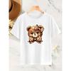 Women Cartoon Bear Print T-Shirt Leopard Bow Star Crew Neck Spring Summer Autumn Machine-Washable Top