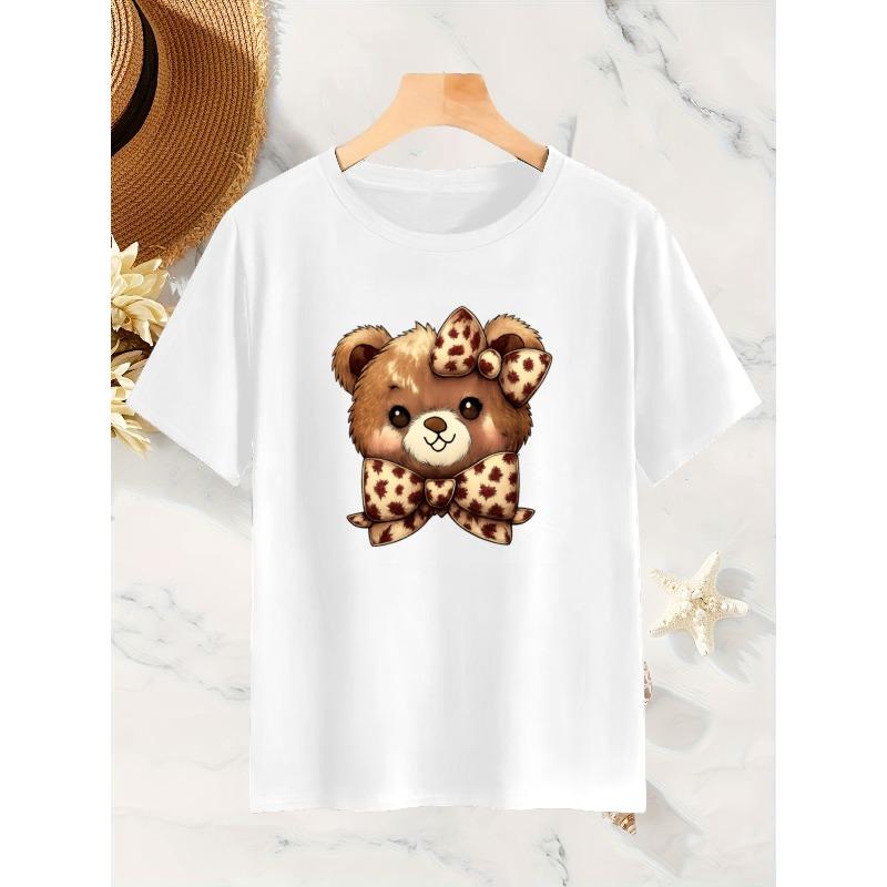 Women Cartoon Bear Print T-Shirt Leopard Bow Star Crew Neck Spring Summer Autumn Machine-Washable Top