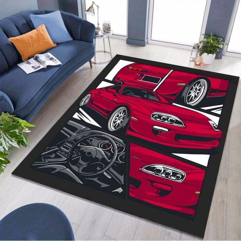 Red Classic Sport Car Interior Comic Print Area Rug Non‑Slip Rectangular Floor Mat Auto Fan Decor for Gaming Bedroom Living Room