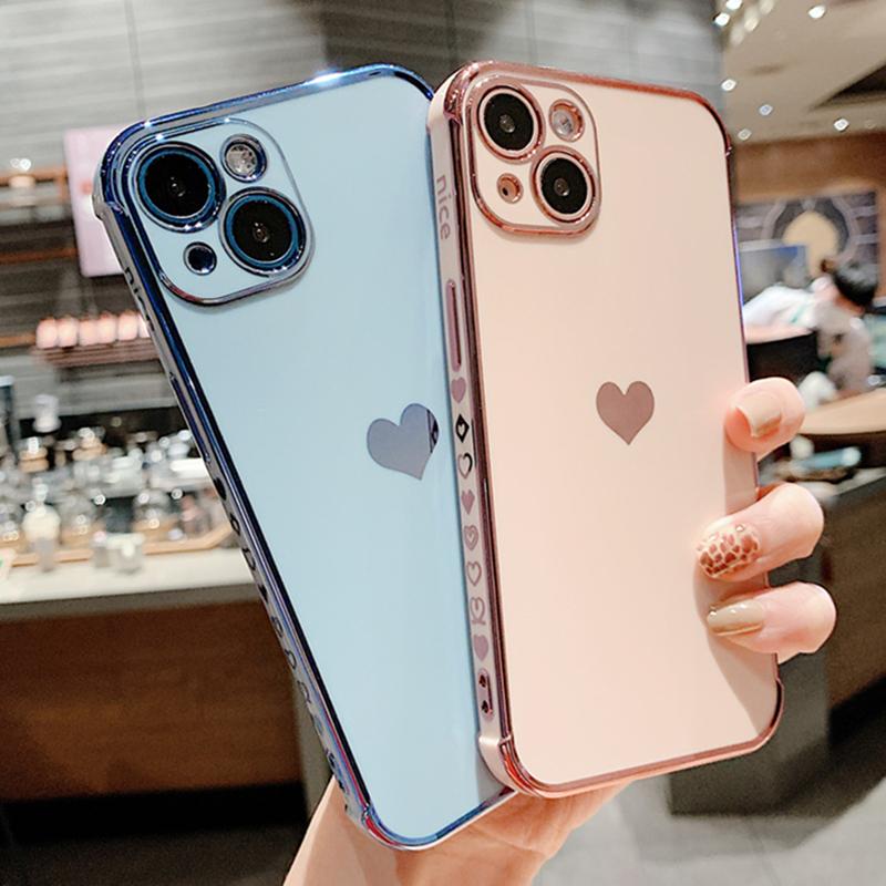Love Heart Plating Frame Case For iPhone 13 12Mini 11 Pro Max SE2 SE3 Cute Soft Silicone Protective On 7 8 Plus XS XR Back Cover