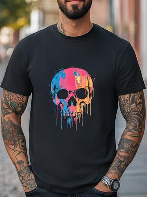 Camiseta Gráfica Unisex de Calavera con Goteo de Neón Colorida Camiseta Casual de Moda para Mujeres Hombres