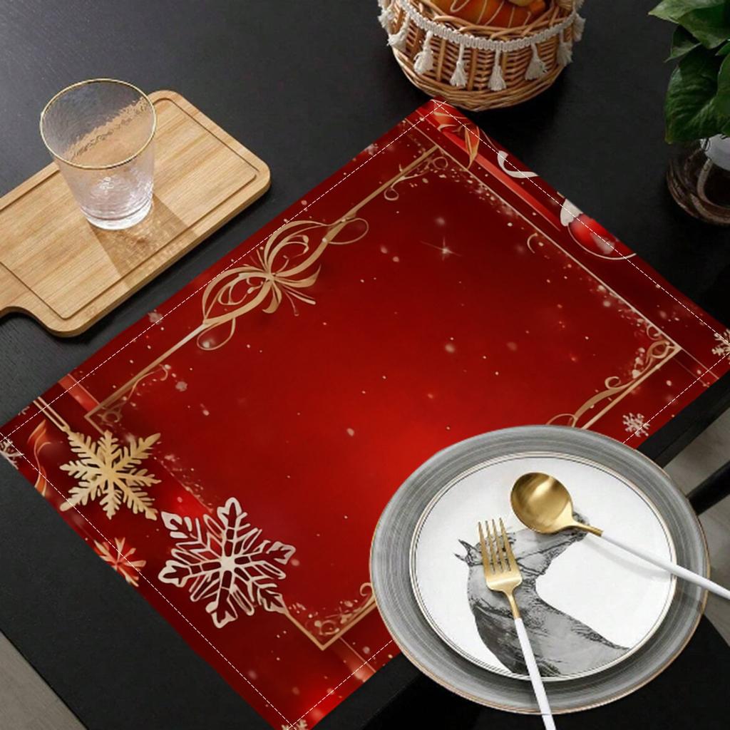4pcs Linen Placemats, Red Table Mats with Golden Snowflakes 12x18 Inches, Suitable for Kitchen Dining Festival Dining and Coffee Table Decoration,