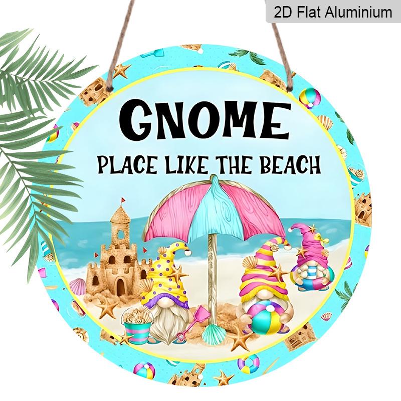 Aluminum Metal Sign, Aluminum Metal Sign 7.87X7.87 Inchesgnomes Love The Beach Summer Beach Welcome Metal Wreath Sign Round Sign Wall Art Sign Bar 1pc