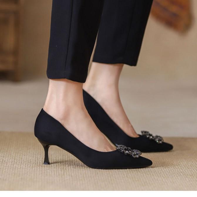 High heels women's 2025 new spring and autumn rhinestones French shallow soft leather pointed thin heels single shoes black with dress
