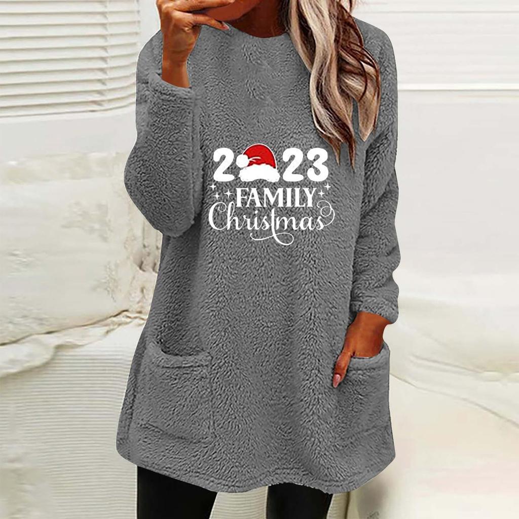 Autumn Winter Women's Christmas Print Round Neck Loose Long Sleeve Pocket Plush Hoodie
