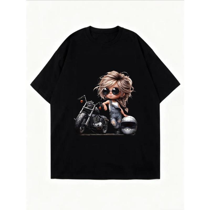 White T-Shirt With Motorcycle Girl Print For Casual Wear