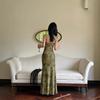 New Chinese-style Green Mesh Yarn Floral Suspender Dress Women's Summer Design High-end Temperament Waist-wrapped Hips Fishtail Dress