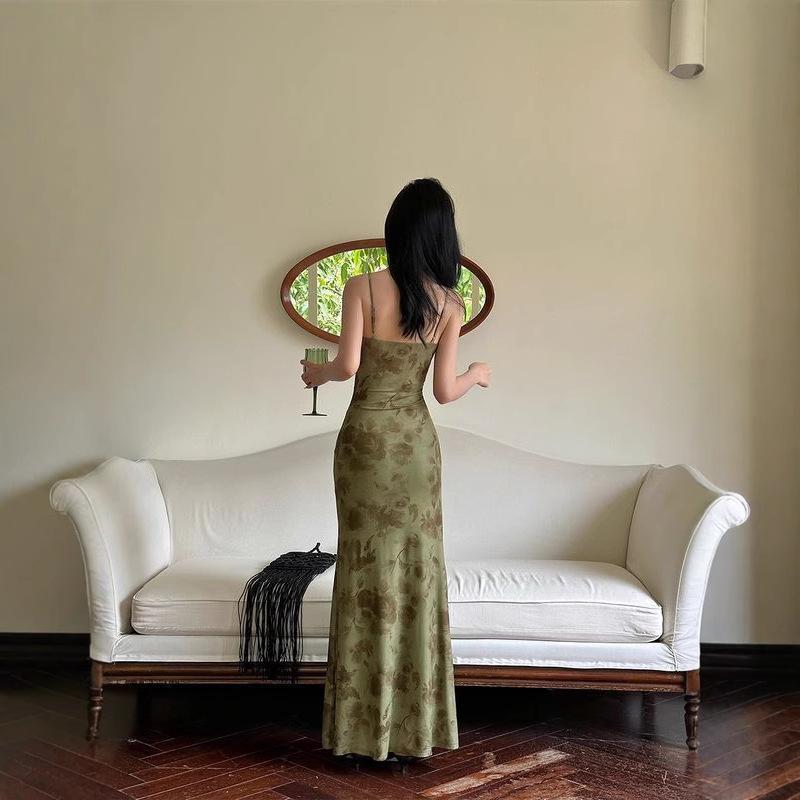 New Chinese-style Green Mesh Yarn Floral Suspender Dress Women's Summer Design High-end Temperament Waist-wrapped Hips Fishtail Dress