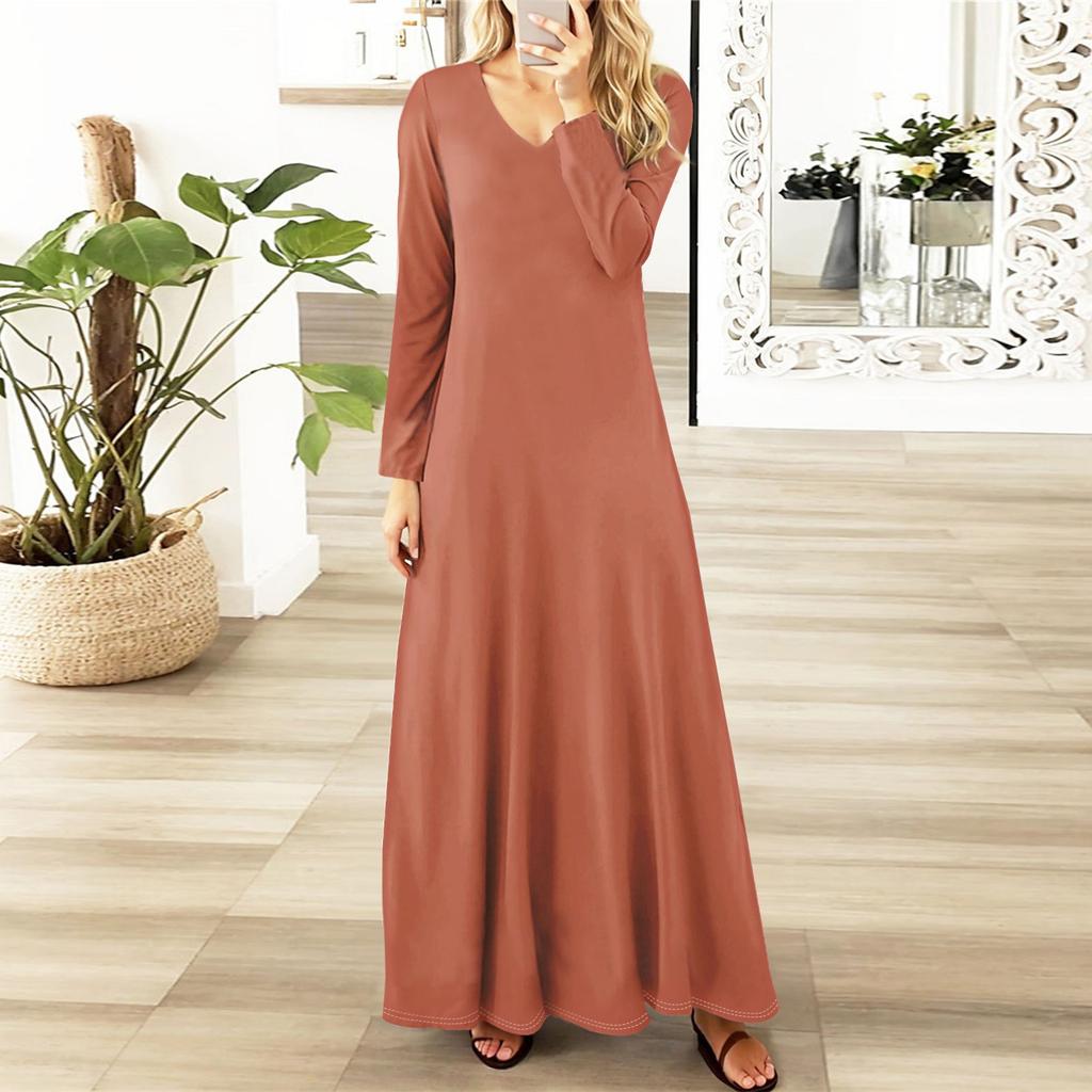 Dámská ležérní móda s dlouhým rukávem jednobarevné vintage dlouhé šaty podzim