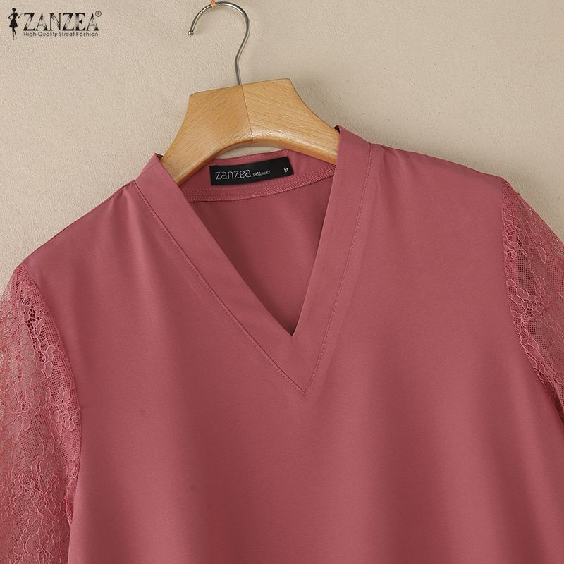 ZANZEA Women Casual V-Neck Lace Splice 3/4 Sleeve Blouse