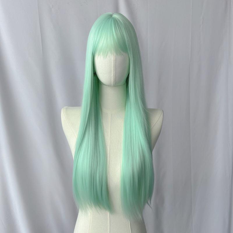 Mint Green Air Bangs Long Wig - Comfortable Cosplay Headcover for Daily Wear