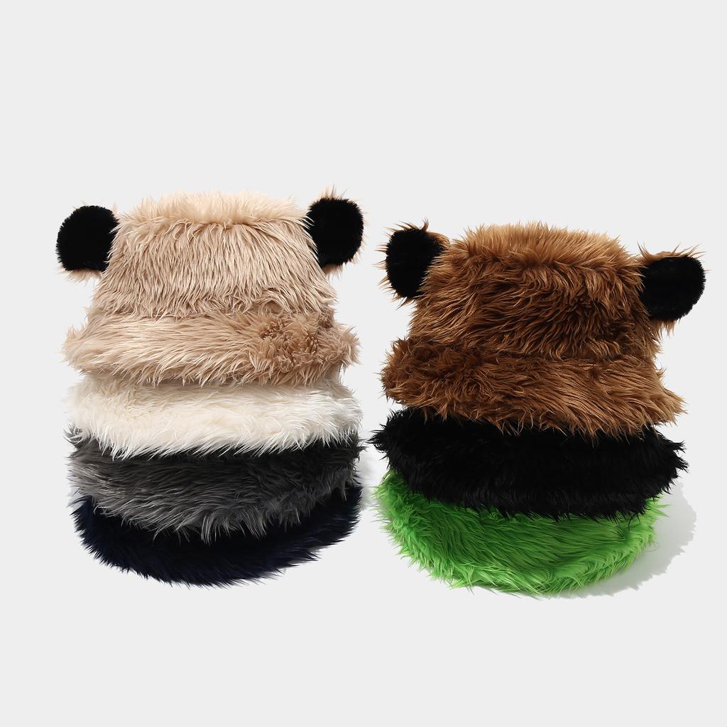 Women Winter Faux Fox Fur Bucket Hat Plush Bear Ear Thick Warm Cap Sweet Cool Outdoor Travel Hat