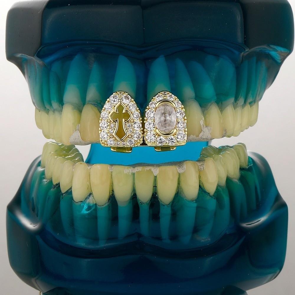 Double Teeth Hip Hop Copper Grillz Shiny Cross Grillz Exquisite Tooth Caps Role Play Performance